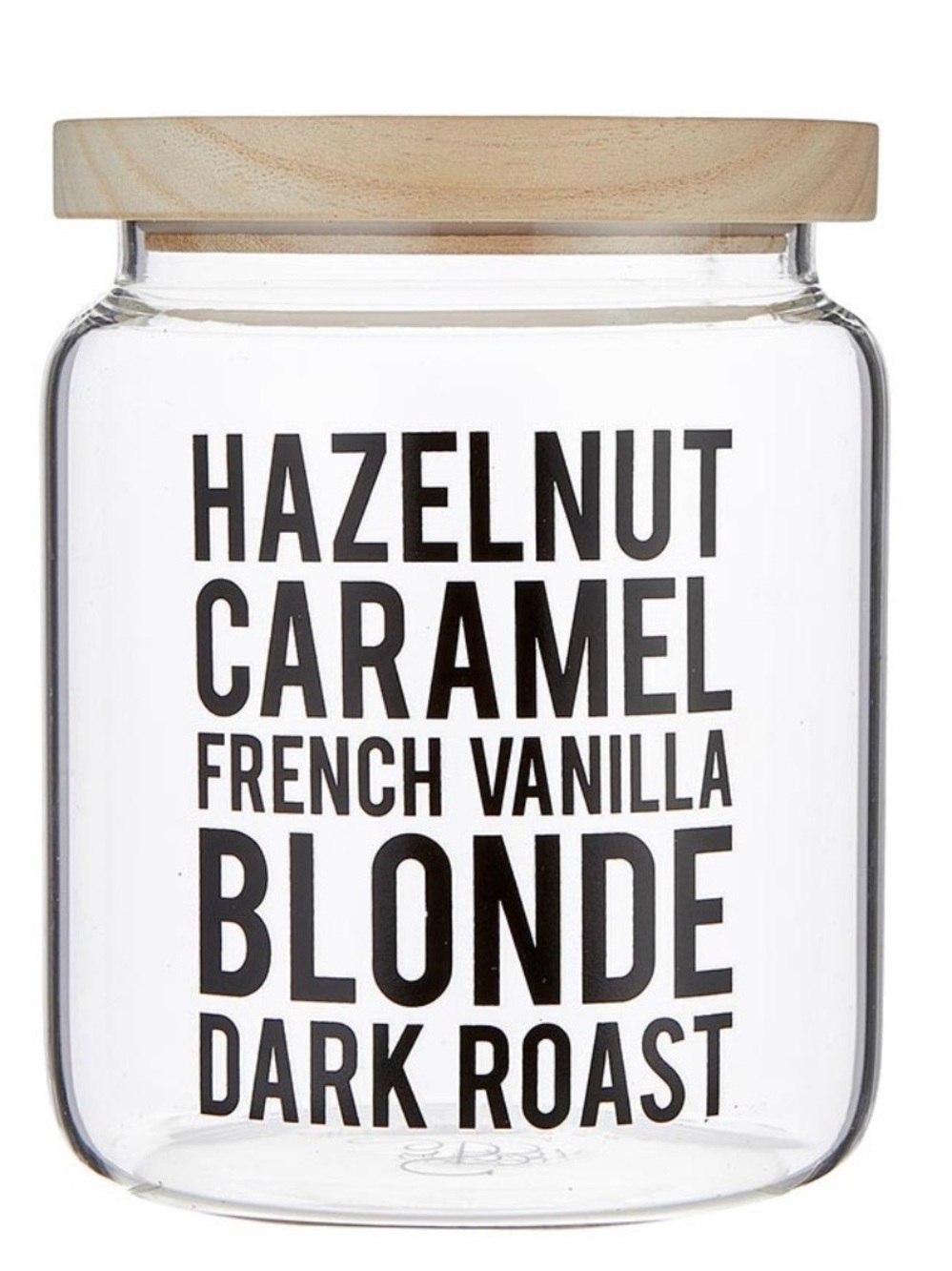 Clear Glass Pantry Jar with Natural Wood Lid and Black Lettering